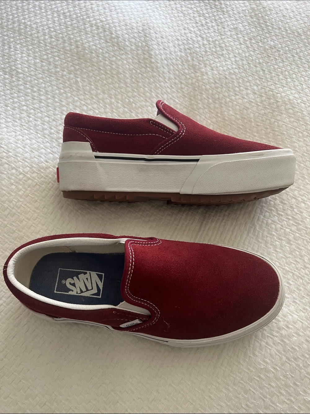 Vans Women’s Stacked Slip-On Platform Sneakers in Burgundy and White